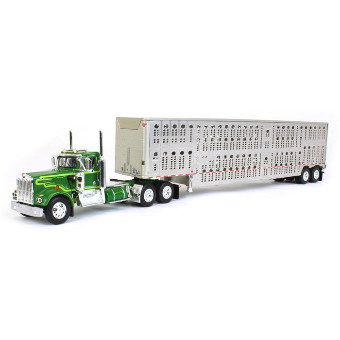 1/64 Neon & Dark Green Kenworth W900A Day Cab w/ Wilson Silver Star Livestock Trailer, DCP by First Gear