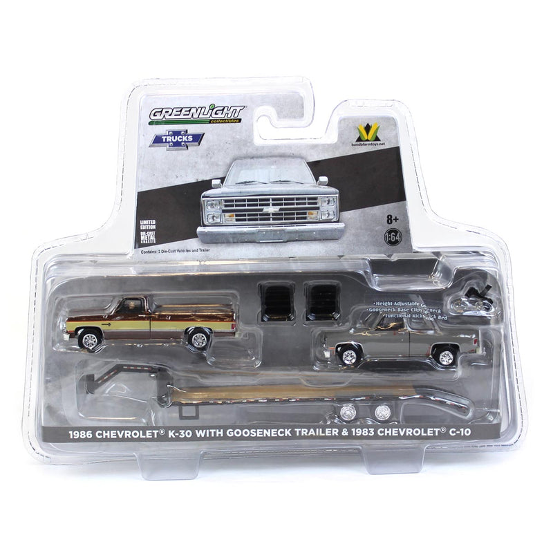 1/64 Brown & Tan 1986 Chevy K-30 Longbed with Gooseneck & Project Truck, Greenlight Exclusive