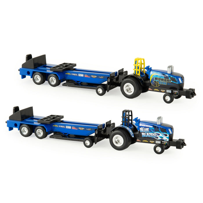 Set of 2 ~ 1/64 New Holland "Blue Blazes" & "Midnight Blue" Pulling Tractors with Sleds