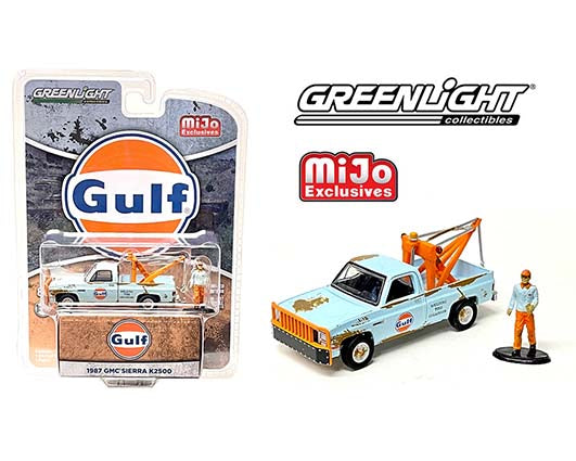 1/64 1987 GMC K-2500 Tow Truck with Figure, Weathered, Gulf Oil, Mijo Exclusive