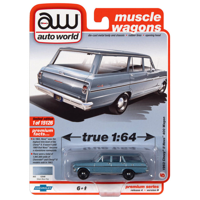 1/64 1963 Chevy II Nova Station Wagon, Silver Blue, Auto World 2021 Release 4B