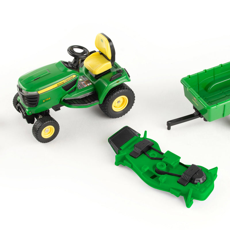 (B&D) 1/16 Big Farm John Deere X758 Lawn Mower with Blade and Cart - Damaged Item