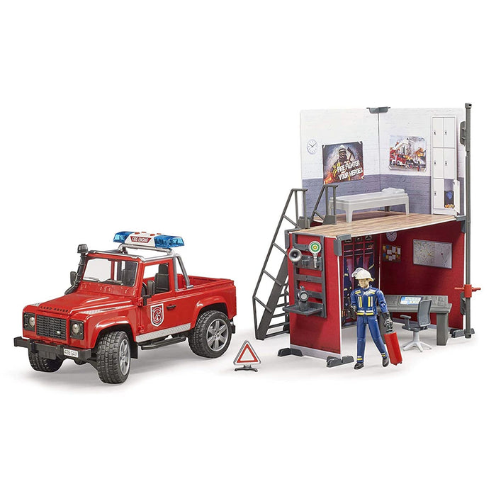 (B&D) 1/16 Bruder Fire Station with Land Rover Defender Truck, Fireman and Accessories - Damaged Item