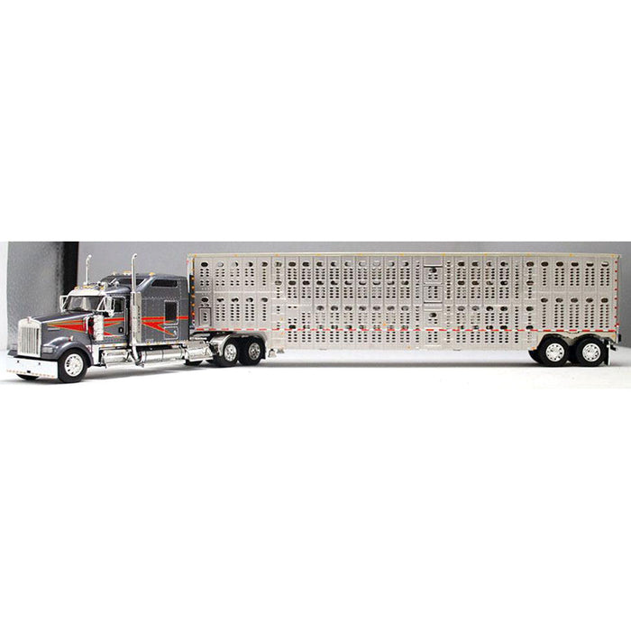 1/64 Gunmetal Gray Kenworth W900L Tandem Axle w/ Tandem Axle Wilson Livestock Trailer, DCP by First Gear