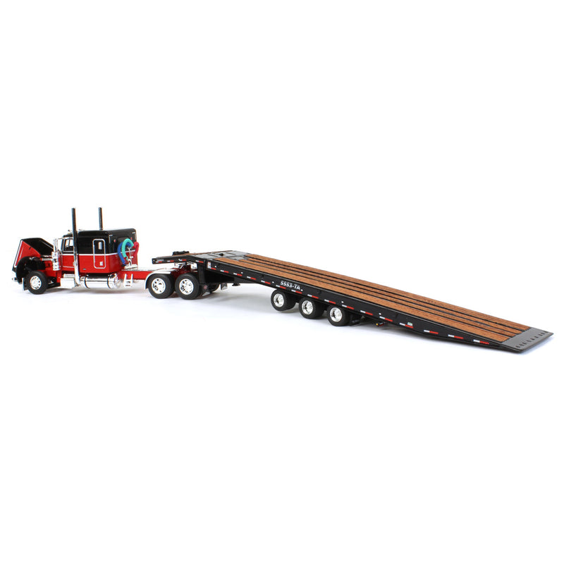 1/64 Peterbilt 389 Semi Truck with Talbert 5553TA Traveling-Axle Trailer, Black/Red, DCP by First Gear