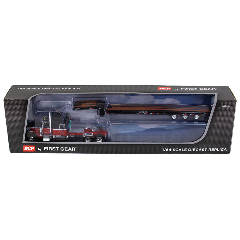 1/64 Peterbilt 389 Semi Truck with Talbert 5553TA Traveling-Axle Trailer, Black/Red, DCP by First Gear