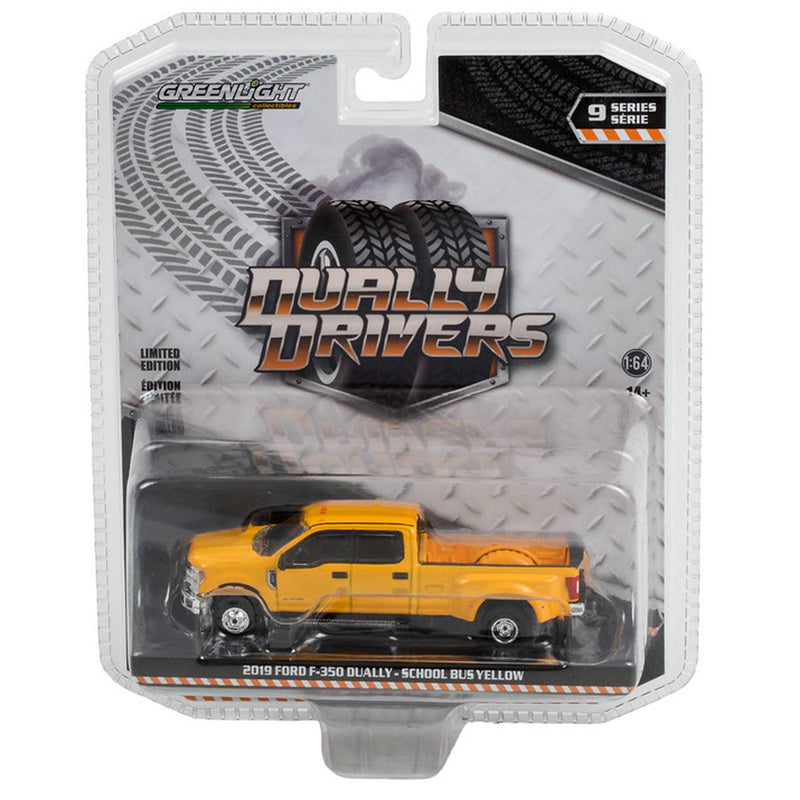 1/64 2019 Ford F-350 Dually Pickup Truck, School Bus Yellow, Dually Drivers Series 9