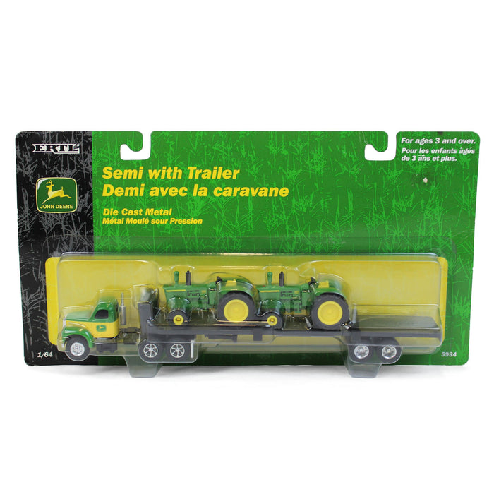 1/64 Mack B Series Semi with Flatbed Trailer and 2 John Deere 5020 Diesel Tractors