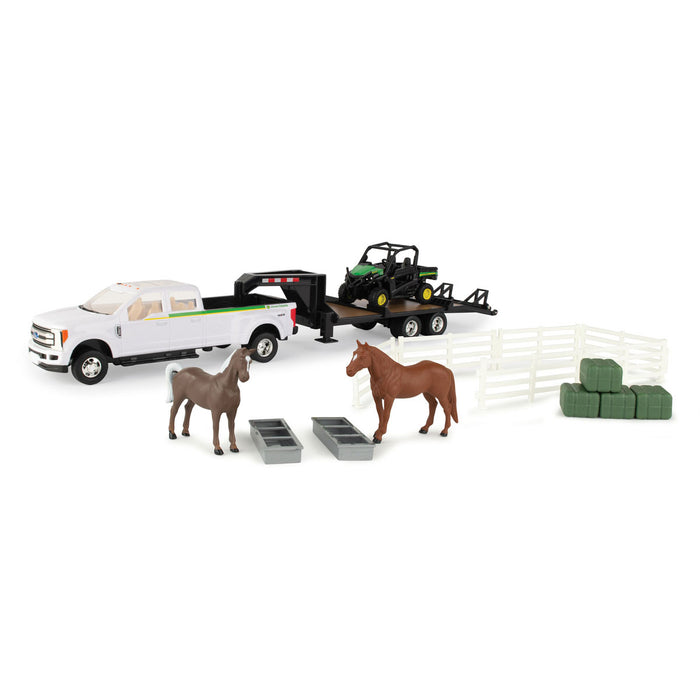 1/32 John Deere Pickup w/ Gooseneck Trailer, Gator, Horses & Accessories