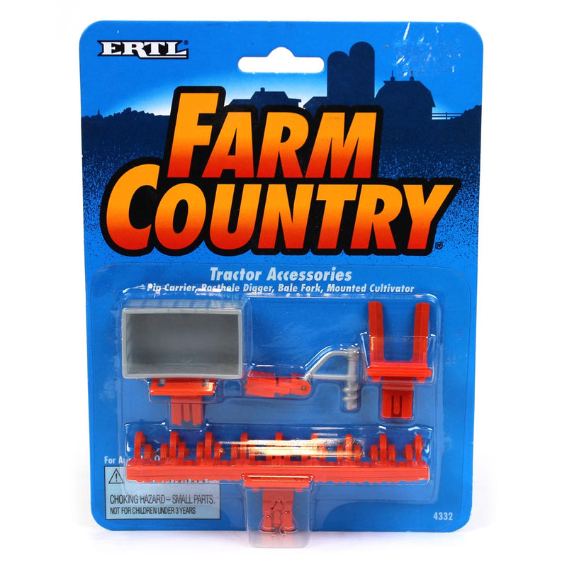 1/64 Orange Tractor Accessories with Pig Carrier, Posthole Digger, Bale Fork and Cultivator by ERTL