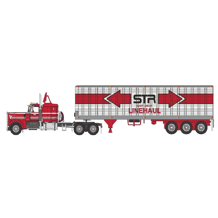1/64 Red & White Kenworth W900A w/ 40' Tri-axle Dry Van, STR East-West Linehaul, DCP by First Gear