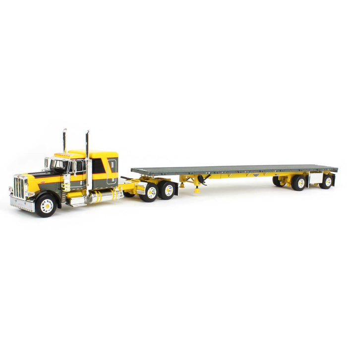 1/64 Yellow & Black Peterbilt 389 63" Flat Top Sleeper w/ Flatbed Trailer, DCP by First Gear