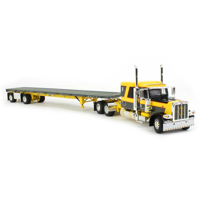 1/64 Yellow & Black Peterbilt 389 63" Flat Top Sleeper w/ Flatbed Trailer, DCP by First Gear