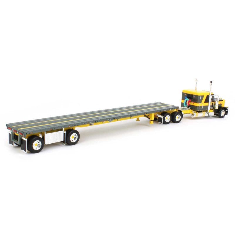 1/64 Peterbilt 389 Semi Truck with 63in Flat Top Sleeper & Flatbed Trailer, Yellow/Black, DCP by First Gear