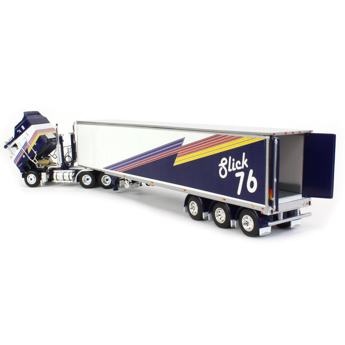 1/64 Dark Blue & White Kenworth K100 COE Aerodyne w/ 53' Tri-axle Reefer, Slick 76, DCP by First Gear