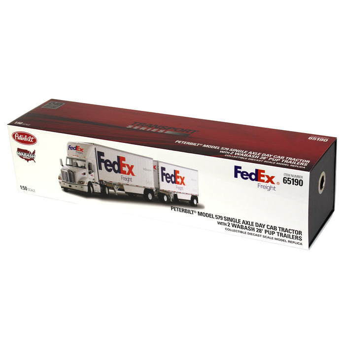 (B&D) 1/50 FedEx Peterbilt 579 Single Axle Day Cab w/ 2 Wabash 28’ Pup Trailers - Damaged Item