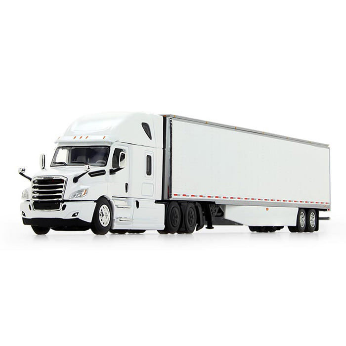 (B&D) 1/64 White 2018 Freightliner Cascadia Sleeper & Utility Trailer w/ Skirts, DCP by First Gear - Damaged Box