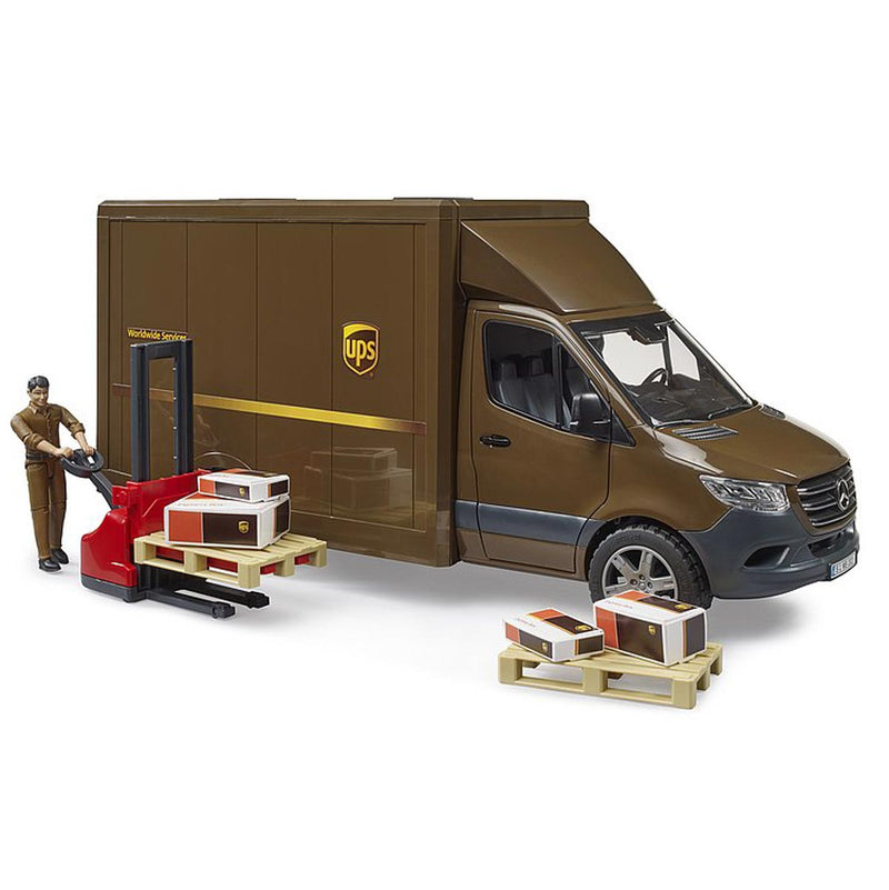 (B&D) 1/16 Mercedes-Benz Sprinter UPS Truck with Manually Operated Pallet Jack by Bruder - Damaged Item