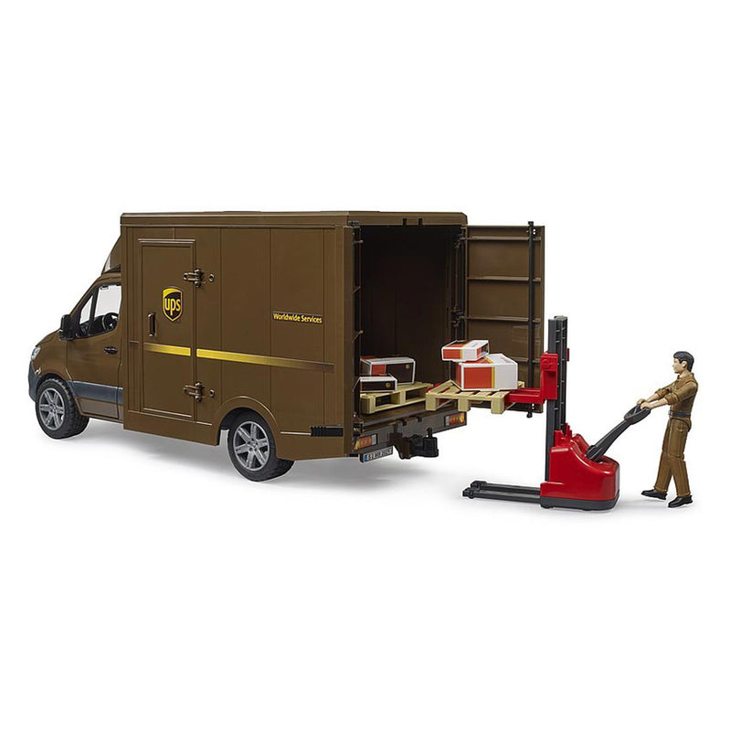 (B&D) 1/16 Mercedes-Benz Sprinter UPS Truck with Manually Operated Pallet Jack by Bruder - Damaged Item
