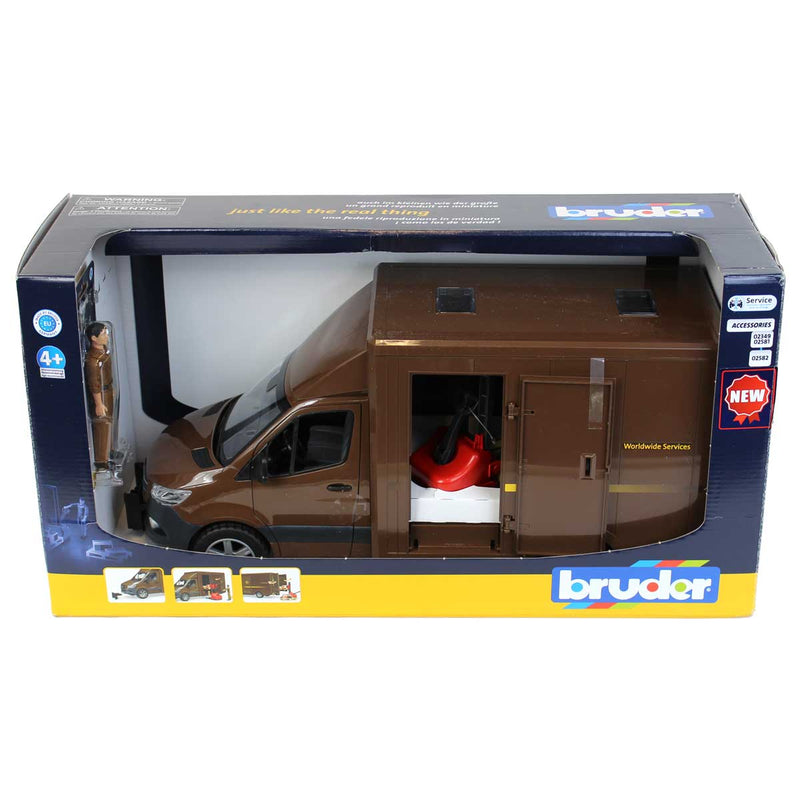 (B&D) 1/16 Mercedes-Benz Sprinter UPS Truck with Manually Operated Pallet Jack by Bruder - Damaged Item