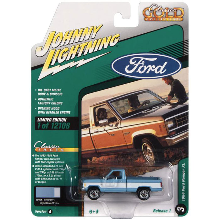 1/64 1984 Ford Ranger Light Blue with White Sides, Johnny Lightning Classic Gold 2022 Rel. 1