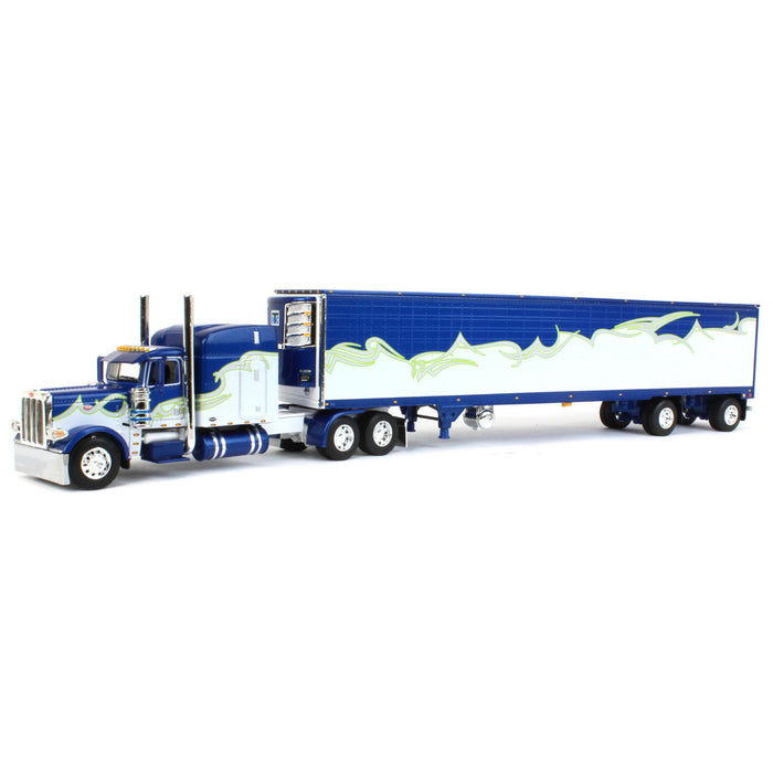 1/64 Blue, Silver & Lime Peterbilt 389 w/ Utility Ribbed Spread-Axle Reefer, DCP by First Gear