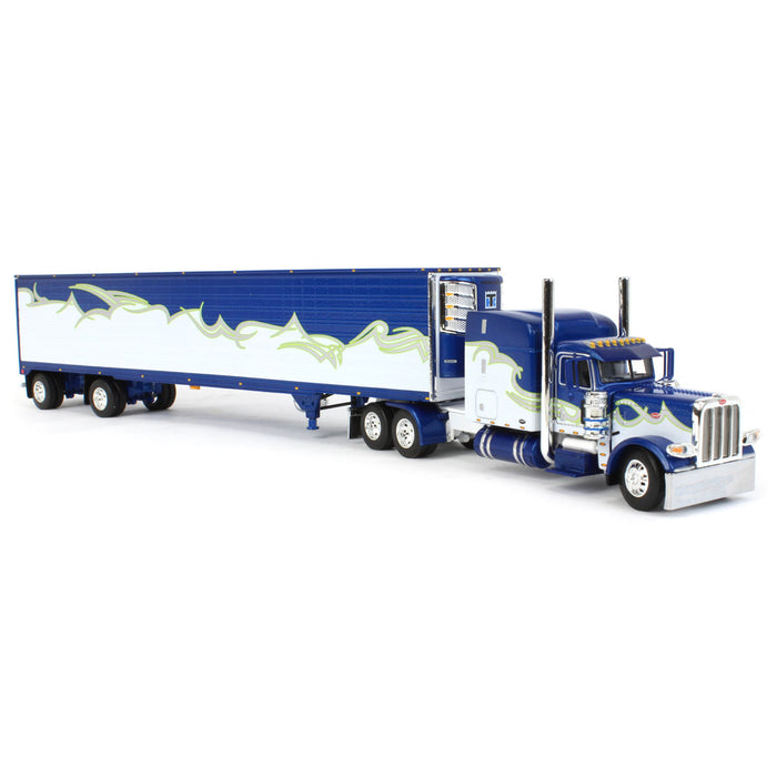 1/64 Blue, Silver & Lime Peterbilt 389 w/ Utility Ribbed Spread-Axle Reefer, DCP by First Gear