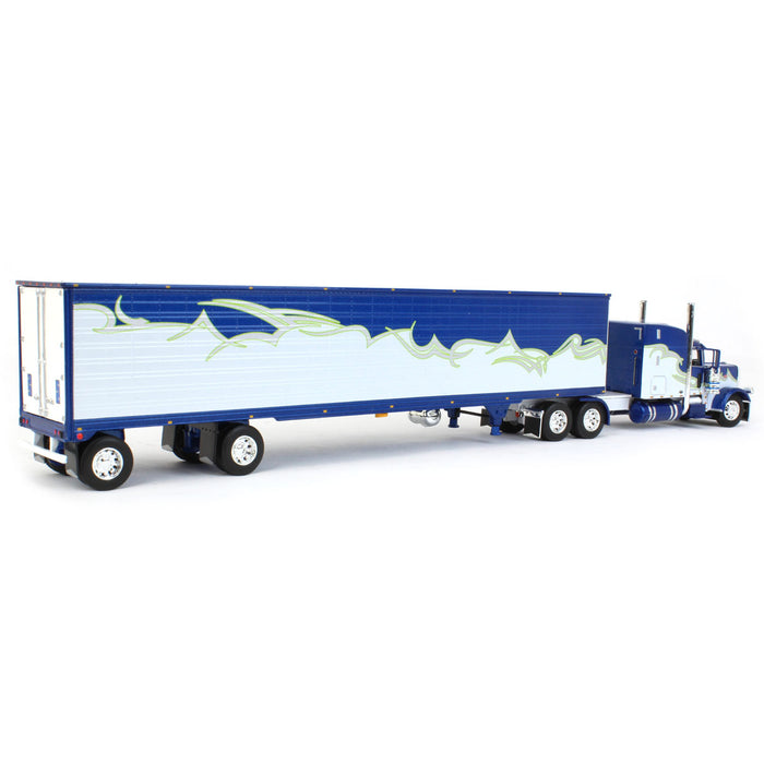 1/64 Blue, Silver & Lime Peterbilt 389 w/ Utility Ribbed Spread-Axle Reefer, DCP by First Gear