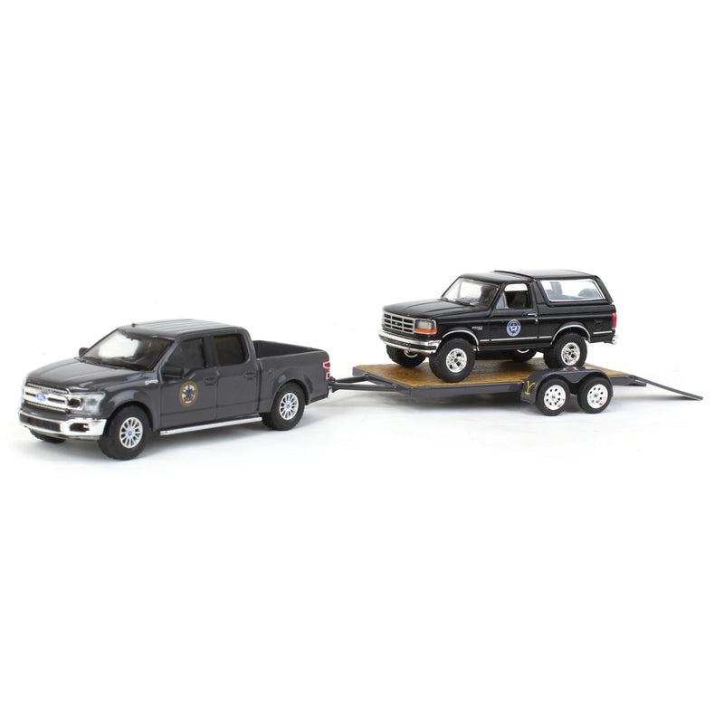 1/64 2018 Ford F-150 Pickup Truck with 1992 Ford Bronco & Flatbed Trailer, Montana Livestock Assoc., Hitch & Tow Series 11
