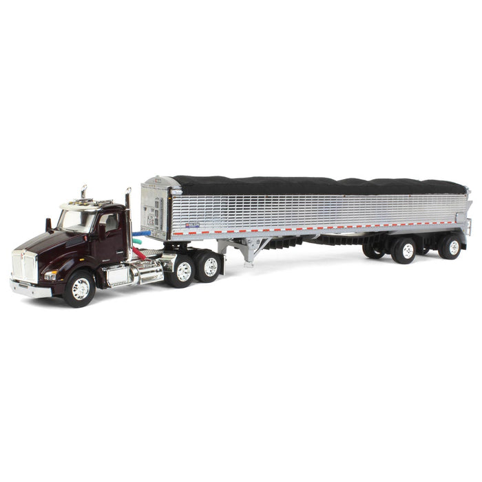 1/64 Black Cherry Kenworth T880 w/ Chrome Wilson Patriot Spread-Axle Belt Trailer, DCP by First Gear