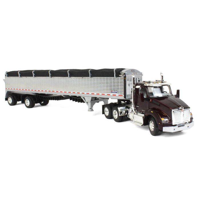 1/64 Black Cherry Kenworth T880 w/ Chrome Wilson Patriot Spread-Axle Belt Trailer, DCP by First Gear