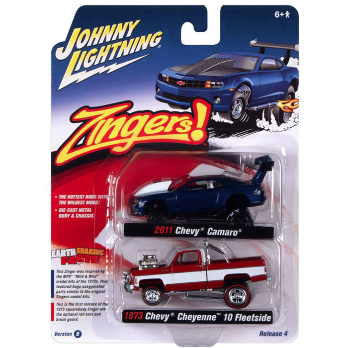 1/64 Zingers Chevrolet Twin Pack with 1973 Cheyenne & 2011 Camaro by Johnny Lightning, Red & Blue