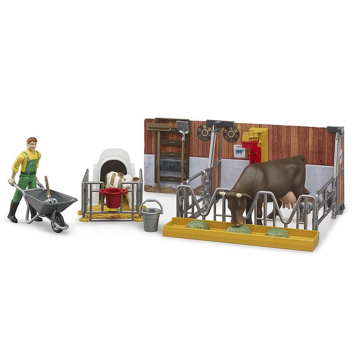 1/16 Bworld Cow & Calf Barn with Farmer by Bruder