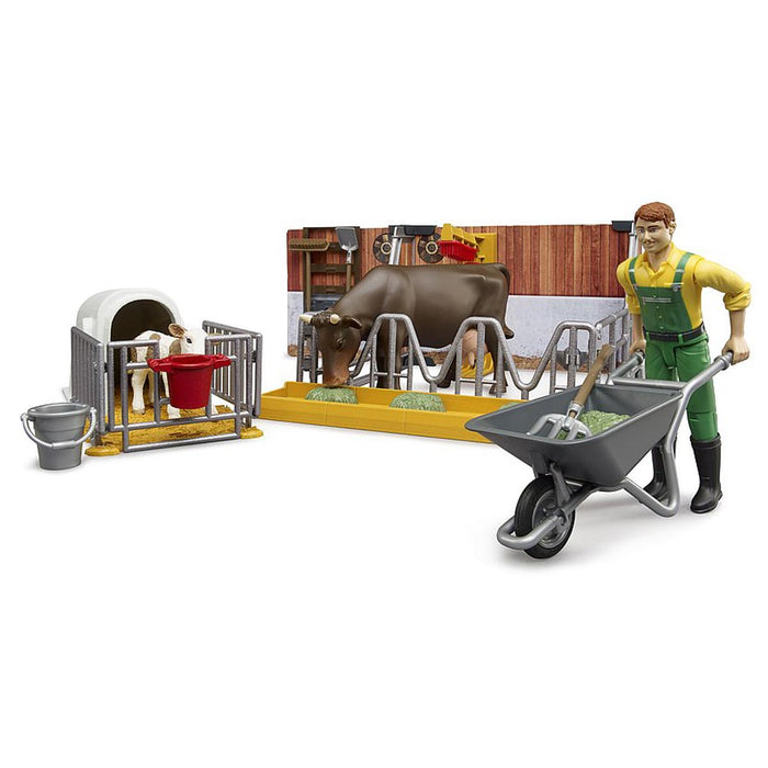 1/16 Bworld Cow & Calf Barn with Farmer by Bruder