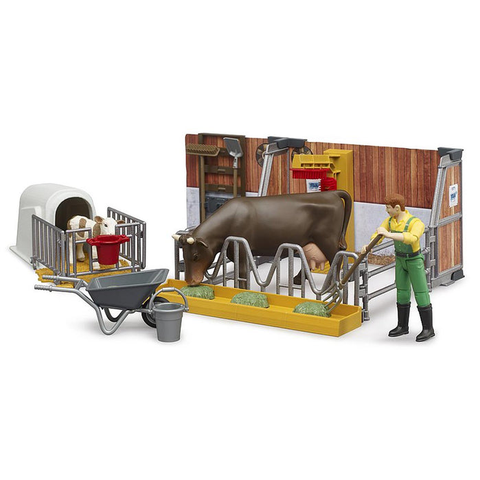 1/16 Bworld Cow & Calf Barn with Farmer by Bruder