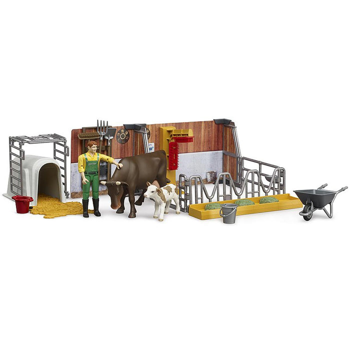1/16 Bworld Cow & Calf Barn with Farmer by Bruder