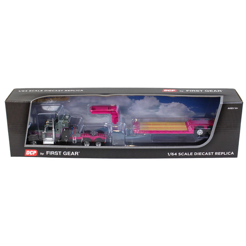 1/64 Gun Metal Gray & Pink Kenworth W900A Sleeper with Rogers Lowboy, DCP by First Gear