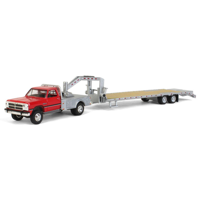 1/64 1992 Dodge Ram 1st Generation, Red with Silver Flatbed & Silver Gooseneck Trailer