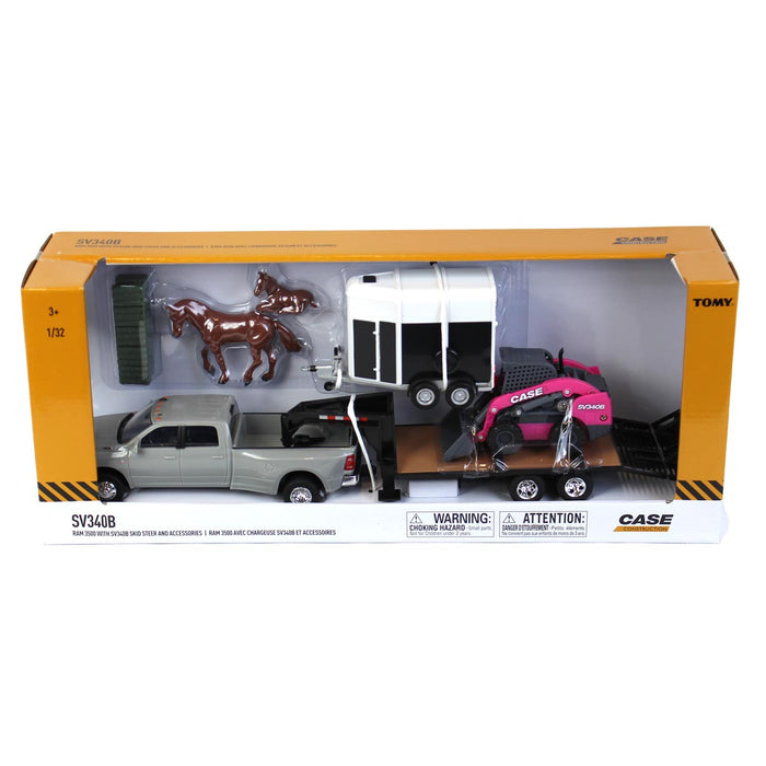 1/32 RAM 3500 w/ Gooseneck Trailer, Case SV340B Skid Steer, Horse Trailer & Accessories