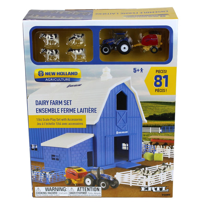 1/64 Special Edition New Holland Dairy Barn Set with T6.164 Tractor and Roll-Belt 560 Baler