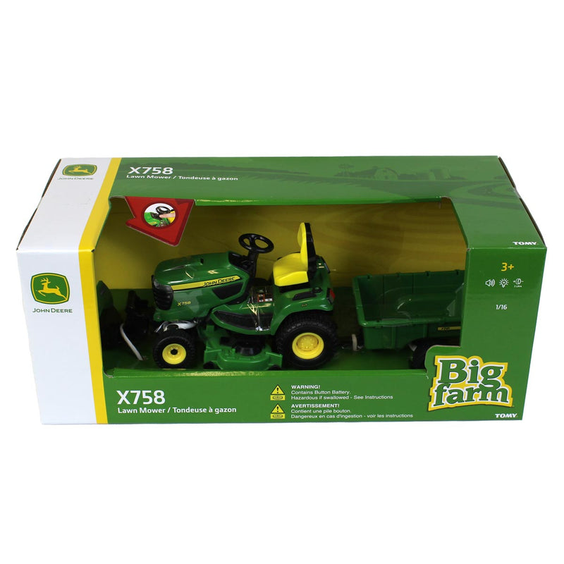 (B&D) 1/16 Big Farm John Deere X758 Lawn Mower with Blade and Cart - Damaged Item
