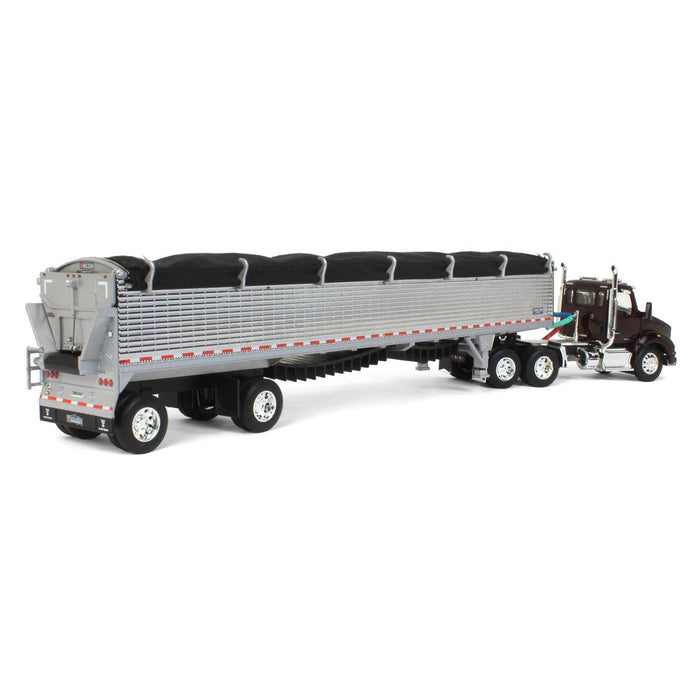 1/64 Black Cherry Kenworth T880 w/ Chrome Wilson Patriot Spread-Axle Belt Trailer, DCP by First Gear