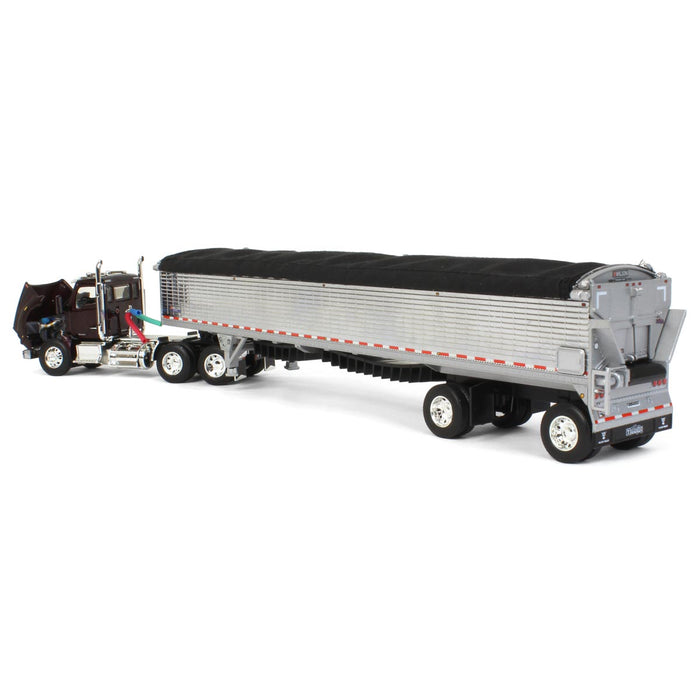 1/64 Black Cherry Kenworth T880 w/ Chrome Wilson Patriot Spread-Axle Belt Trailer, DCP by First Gear