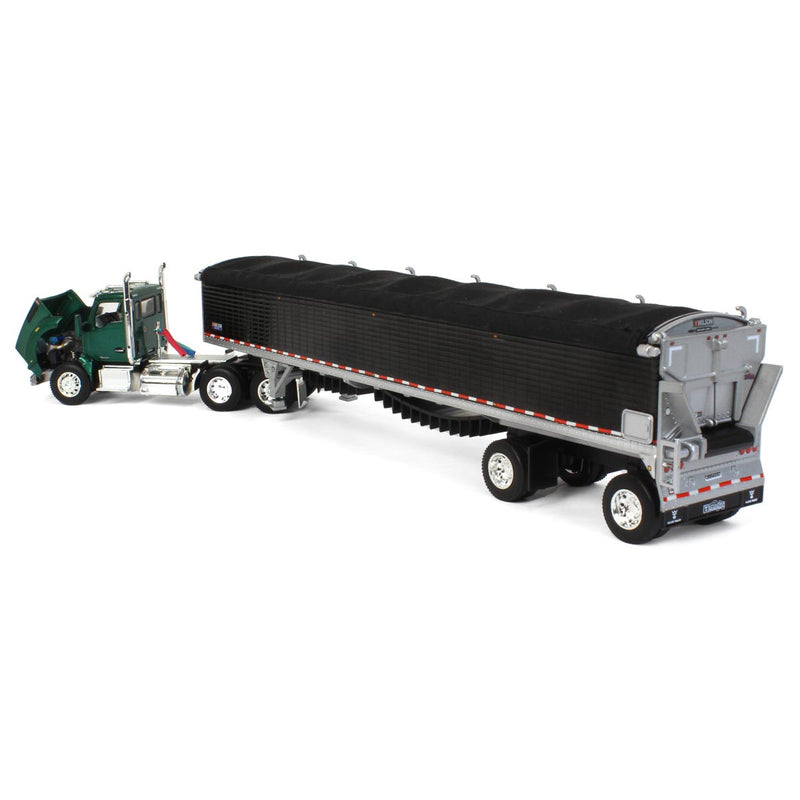 1/64 Green Kenworth T880 with Black Wilson Patriot Spread-Axle Belt Trailer, DCP by First Gear