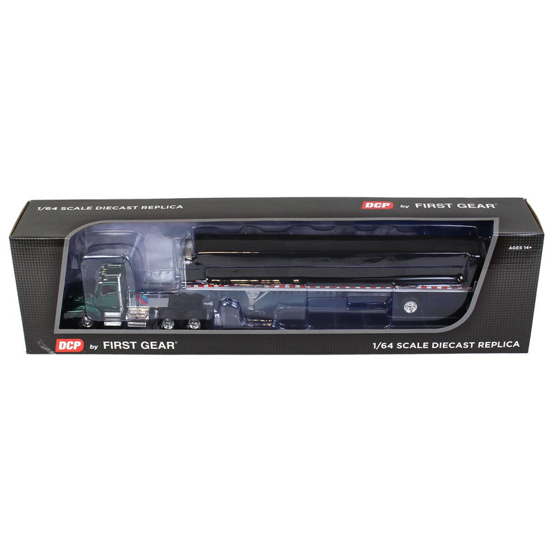 1/64 Green Kenworth T880 with Black Wilson Patriot Spread-Axle Belt Trailer, DCP by First Gear