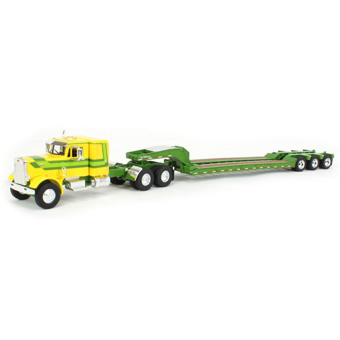 1/64 Yellow & Green Peterbilt 351 36in Flattop Sleeper w/ Tri-axle Talbert Lowboy Trailer, Outback Toys Exclusive