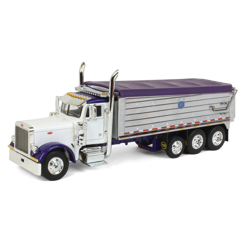1/64 White/Purple Peterbilt 379 Semi Truck with Tri-axle Chrome MAC Dump Body, DCP by First Gear