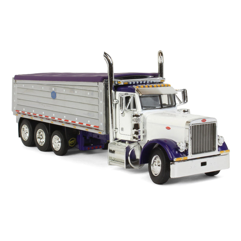 1/64 White/Purple Peterbilt 379 Semi Truck with Tri-axle Chrome MAC Dump Body, DCP by First Gear