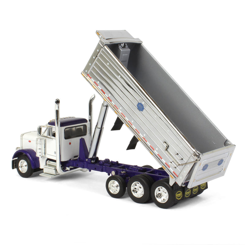1/64 White/Purple Peterbilt 379 Semi Truck with Tri-axle Chrome MAC Dump Body, DCP by First Gear