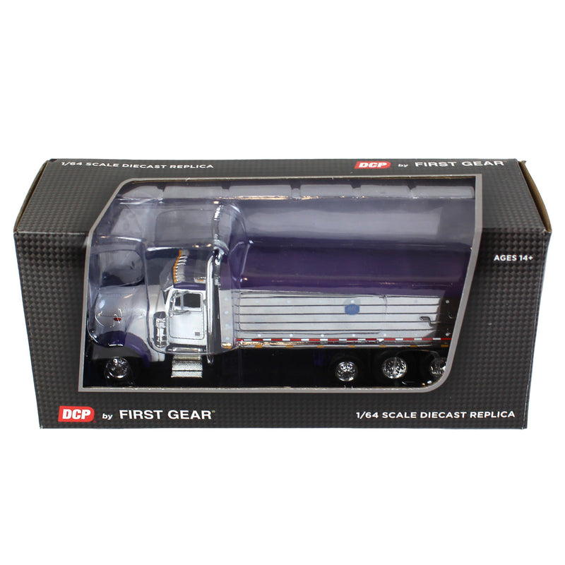 1/64 White/Purple Peterbilt 379 Semi Truck with Tri-axle Chrome MAC Dump Body, DCP by First Gear